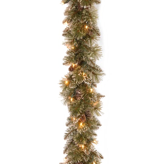 6' x 10" Pre-lit Glittery Bristle® Pine Artificial Christmas Garland with Cones & 50 Battery Operated Soft White LED Lights